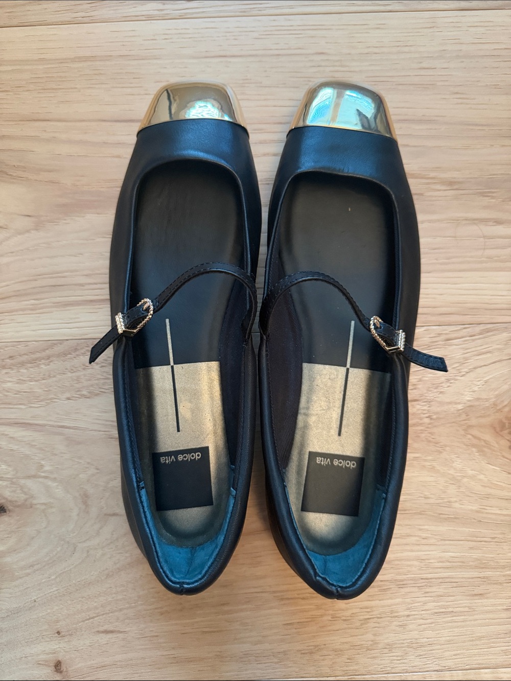 Dolce Vita Black Ballet Flats with Gold Cap Toe and Mary Jane Strap